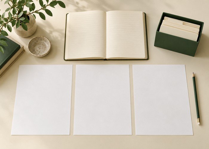 Blank documents, notebook and index cards arranged on an archival research table
