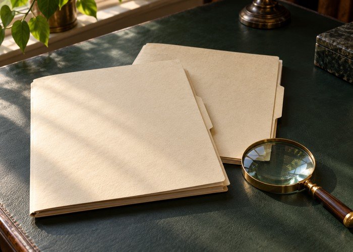 Two archival folders and a magnifying glass on a green desktop